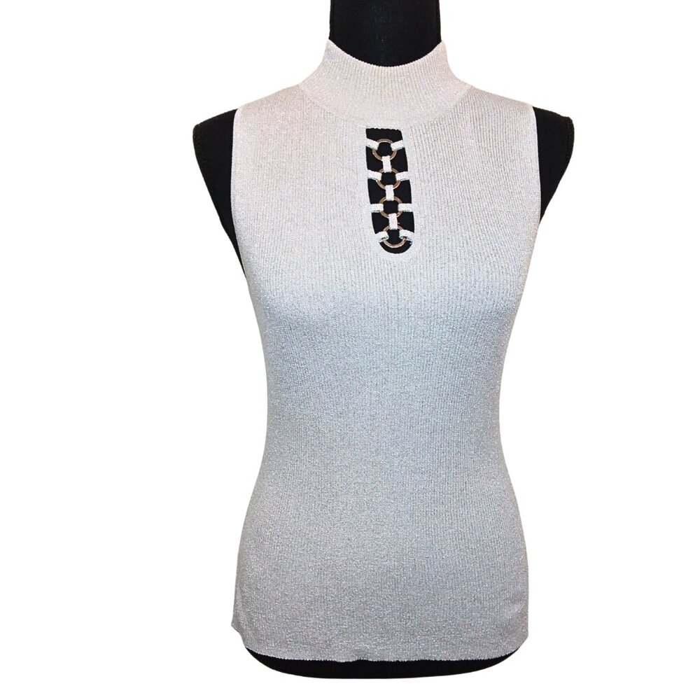 august silk Silver Metallic Knit Sleeveless Mock Neck Tank with Grommet Detail